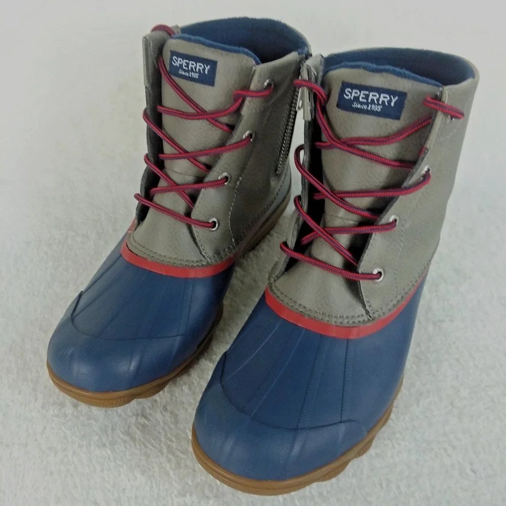 Sperry Syren Gulf Duck Rain Boots Ankle Zip Navy‎ Red Gray Women's 8 Winter Rain